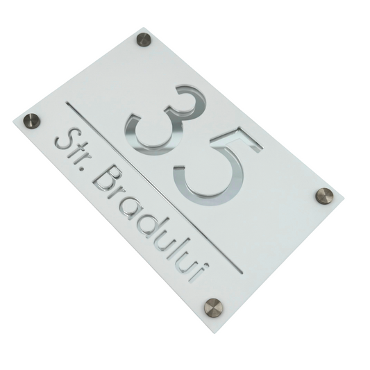 PREMIUM HOUSE NUMBER - White Satin Silver Mirror 4 Spacers Silver - 24×15 cm