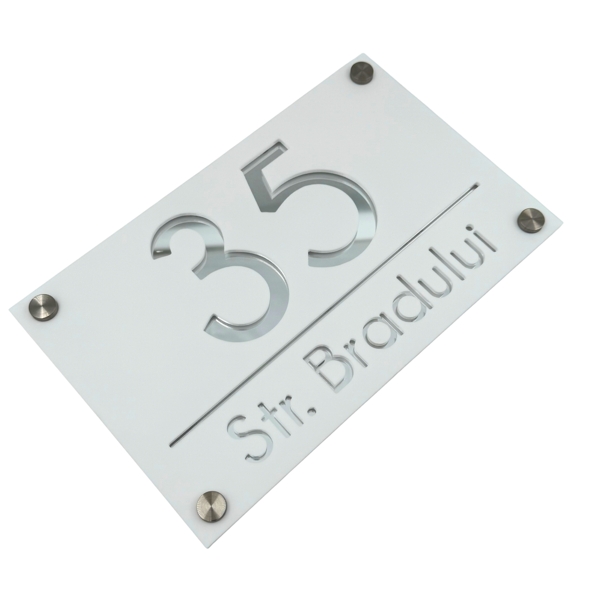 PREMIUM HOUSE NUMBER - White Satin Silver Mirror 4 Spacers Silver - 24×15 cm