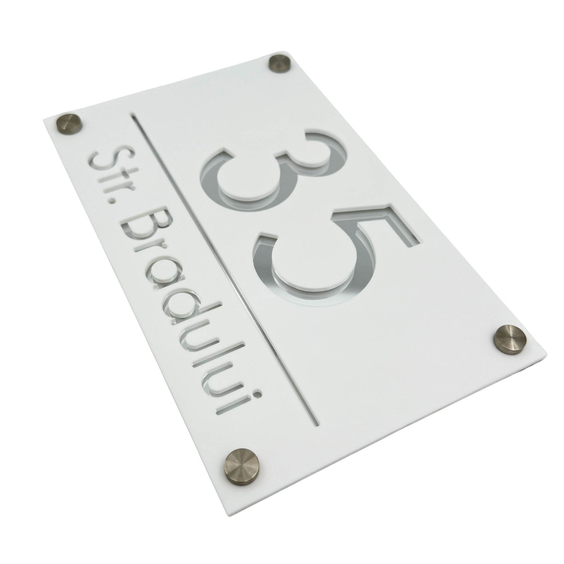 PREMIUM HOUSE NUMBER - White Satin Silver Mirror 4 Spacers Silver - 24×15 cm