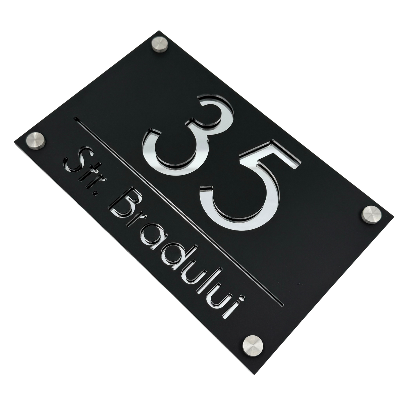 PREMIUM HOUSE NUMBER - Satin Black Silver Mirror 4 Spacers Silver - 24×15 cm