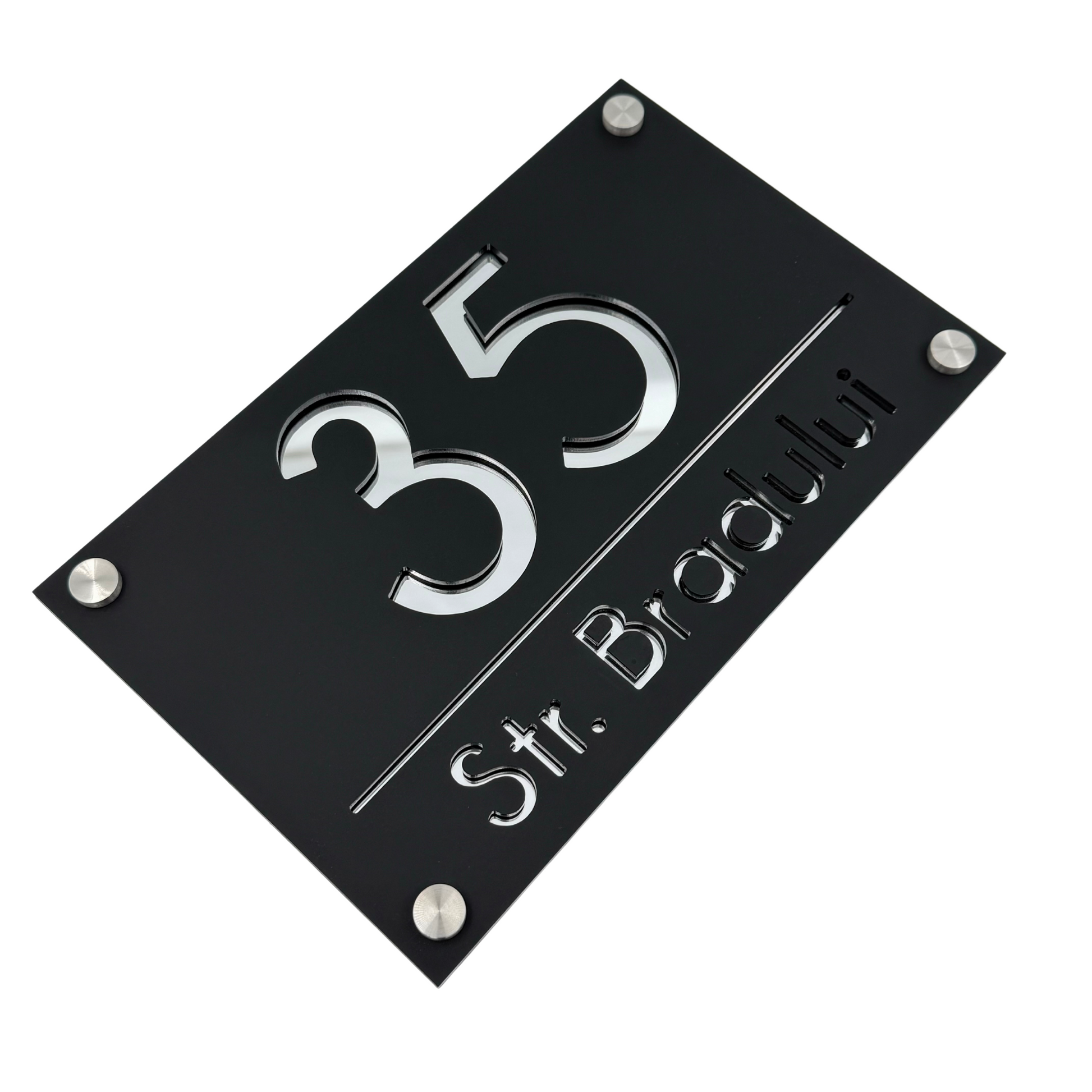PREMIUM HOUSE NUMBER - Satin Black Silver Mirror 4 Spacers Silver - 24×15 cm