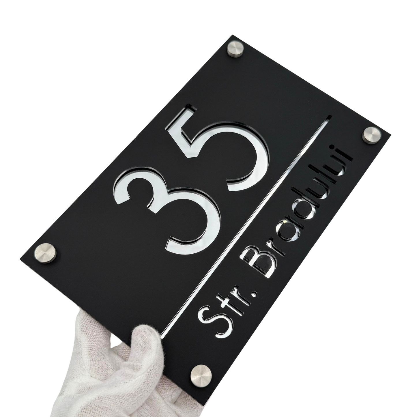 PREMIUM HOUSE NUMBER - Satin Black Silver Mirror 4 Spacers Silver - 24×15 cm