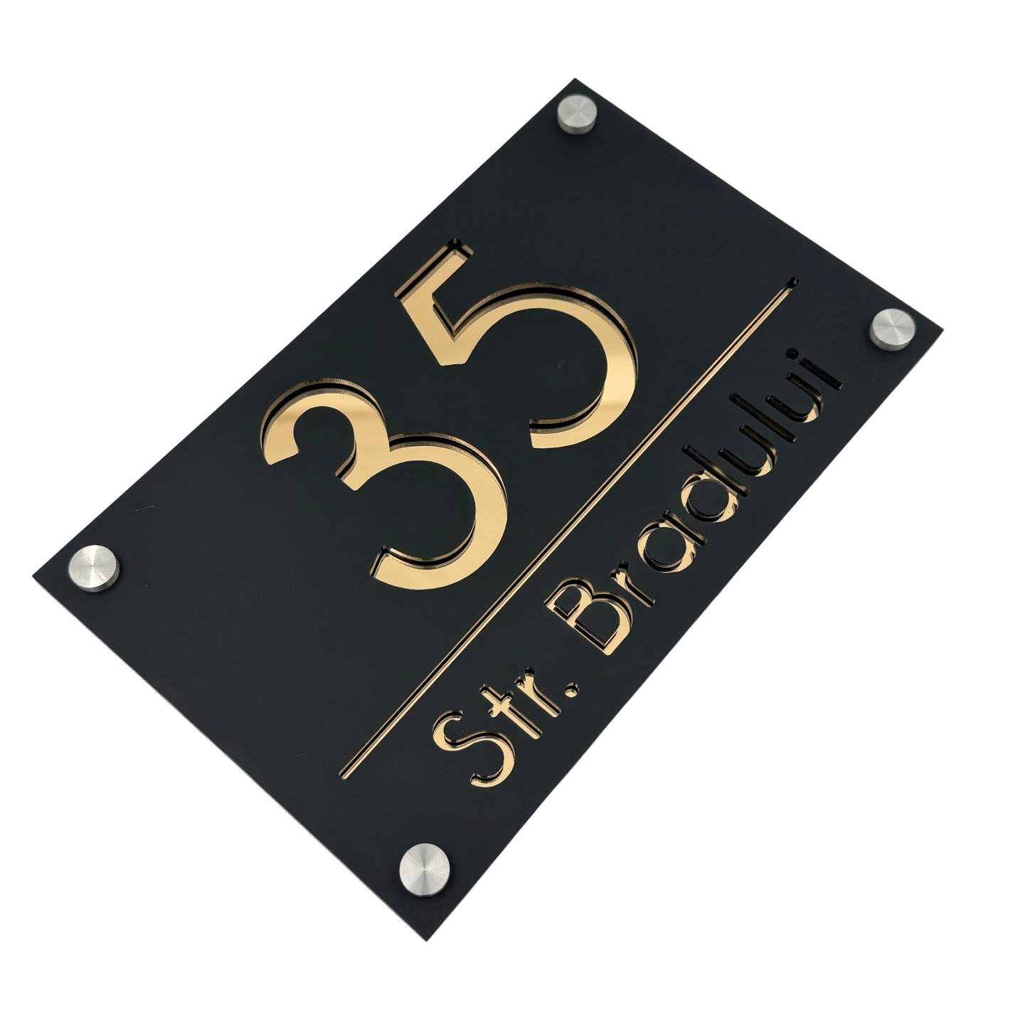 PREMIUM HOUSE NUMBER - Satin Black Gold Mirror 4 Spacers Silver - 24×15 cm