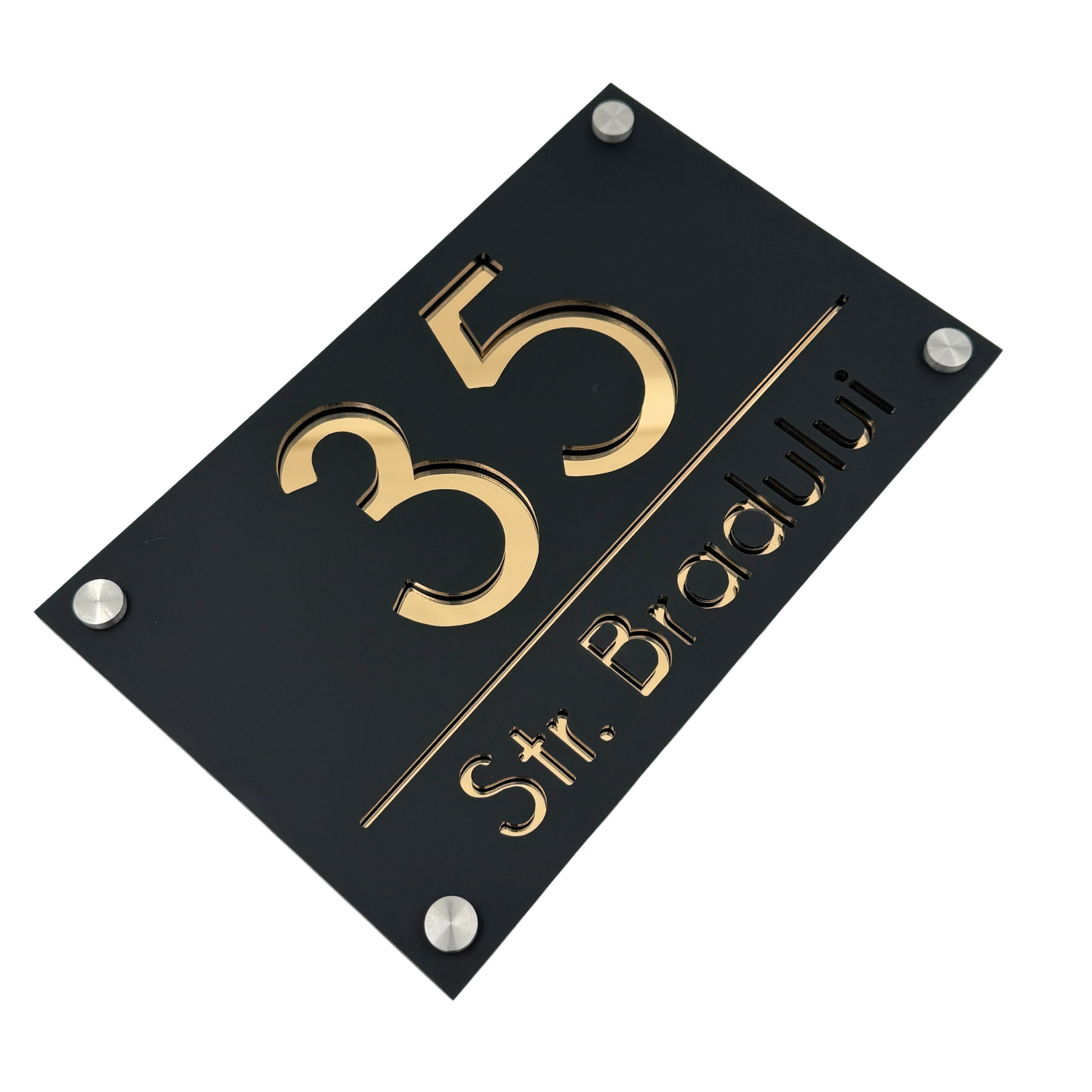 PREMIUM HOUSE NUMBER - Satin Black Gold Mirror 4 Spacers Silver - 24×15 cm