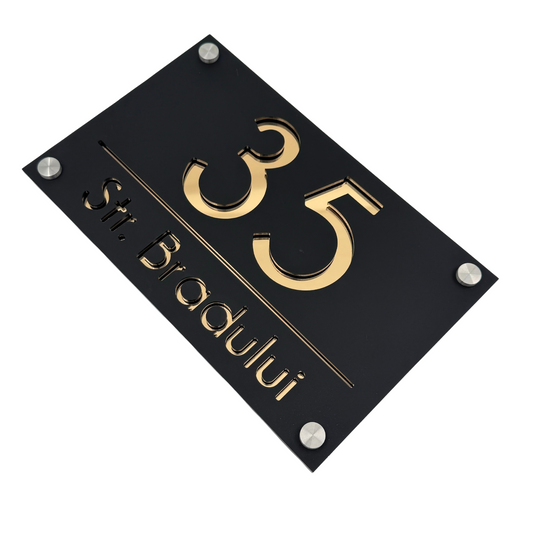 PREMIUM HOUSE NUMBER - Satin Black Gold Mirror 4 Spacers Silver - 24×15 cm