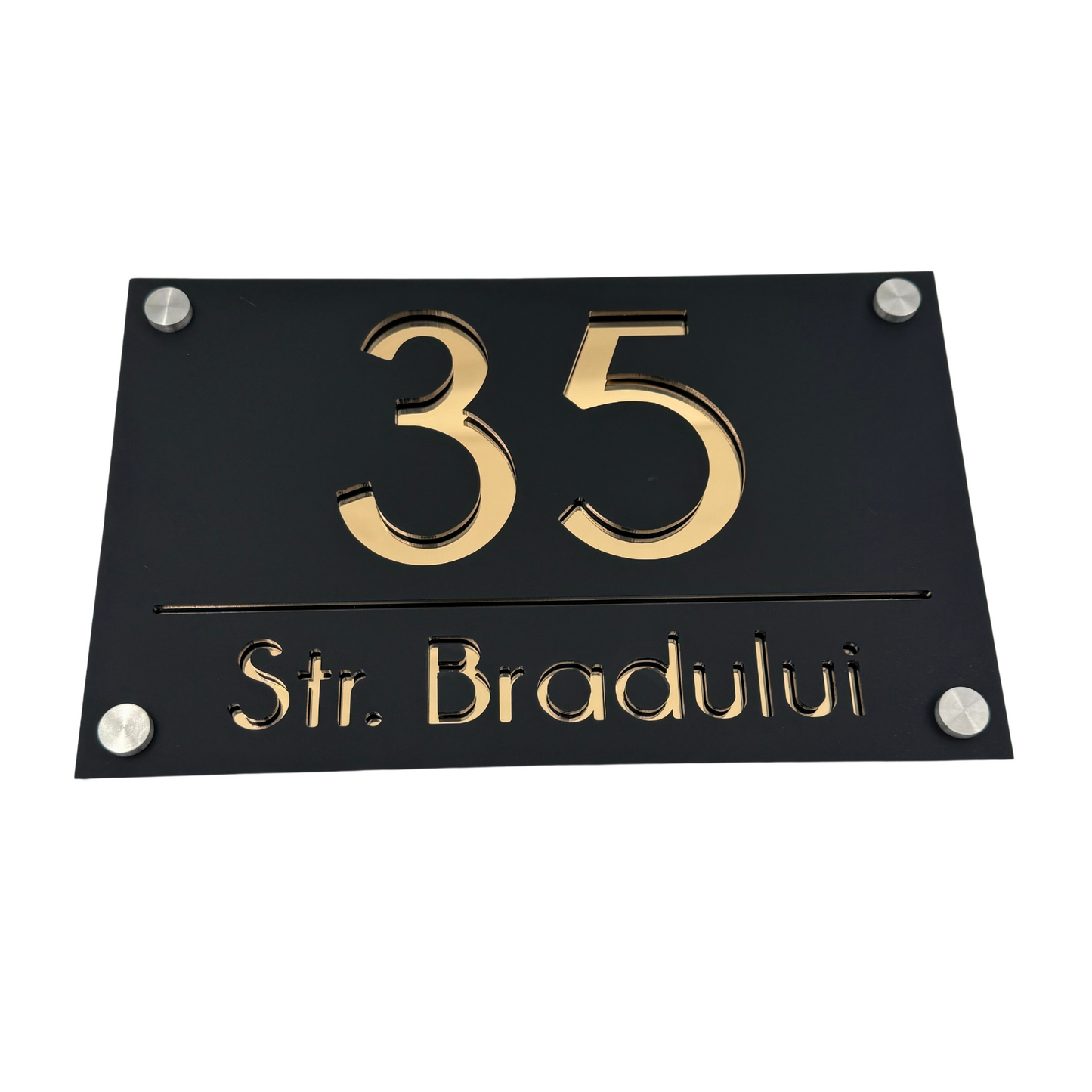 PREMIUM HOUSE NUMBER - Satin Black Gold Mirror 4 Spacers Silver - 24×15 cm