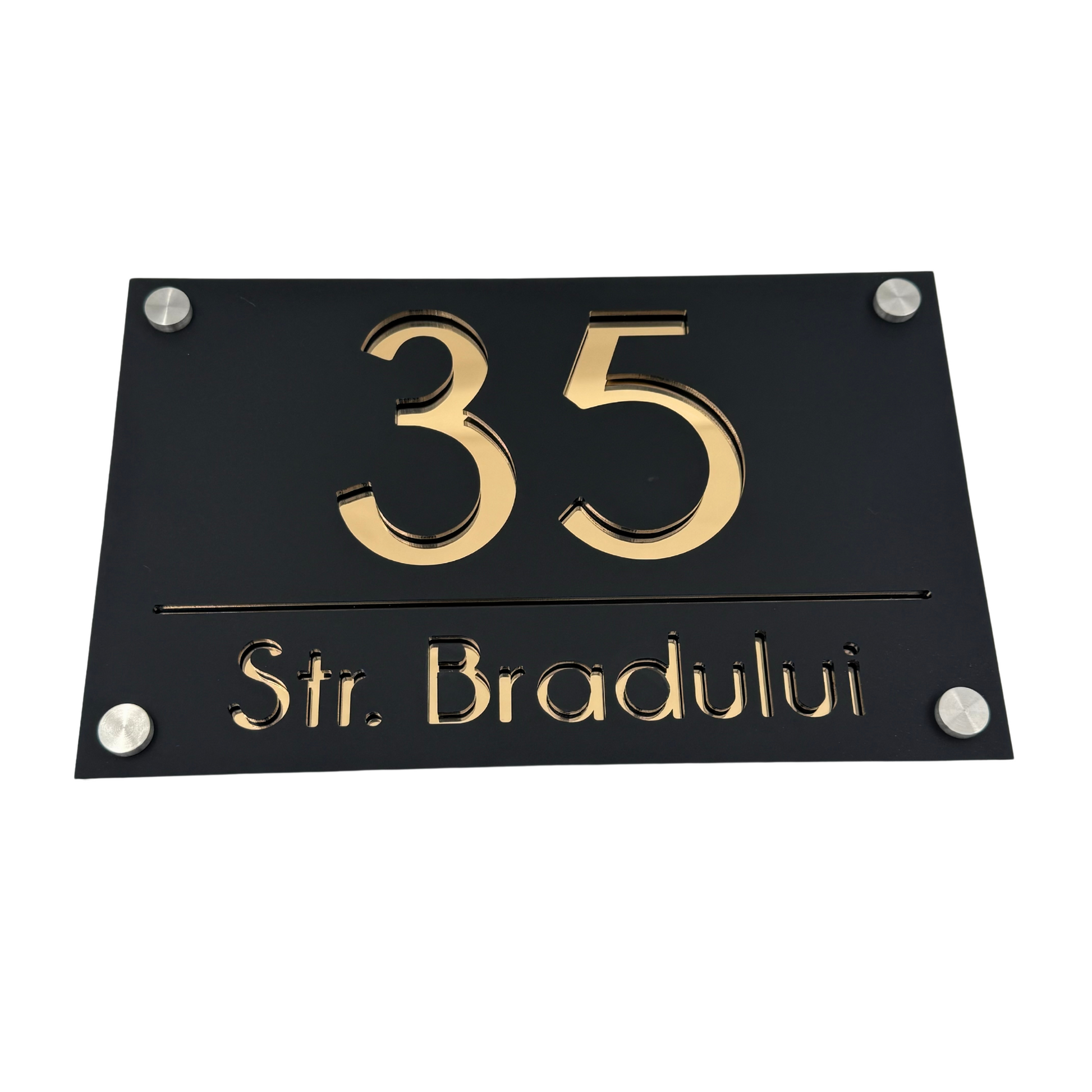 PREMIUM HOUSE NUMBER - Satin Black Gold Mirror 4 Spacers Silver - 24×15 cm