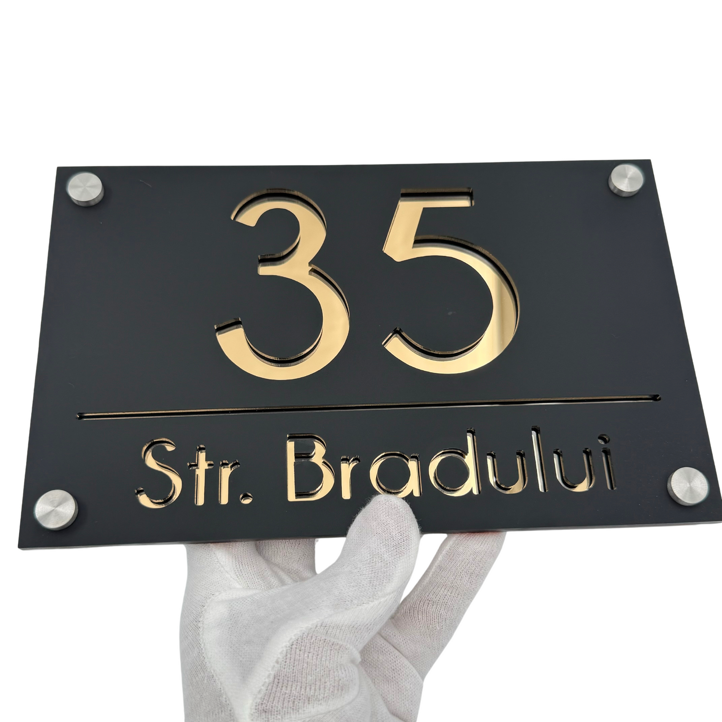 PREMIUM HOUSE NUMBER - Satin Black Gold Mirror 4 Spacers Silver - 24×15 cm