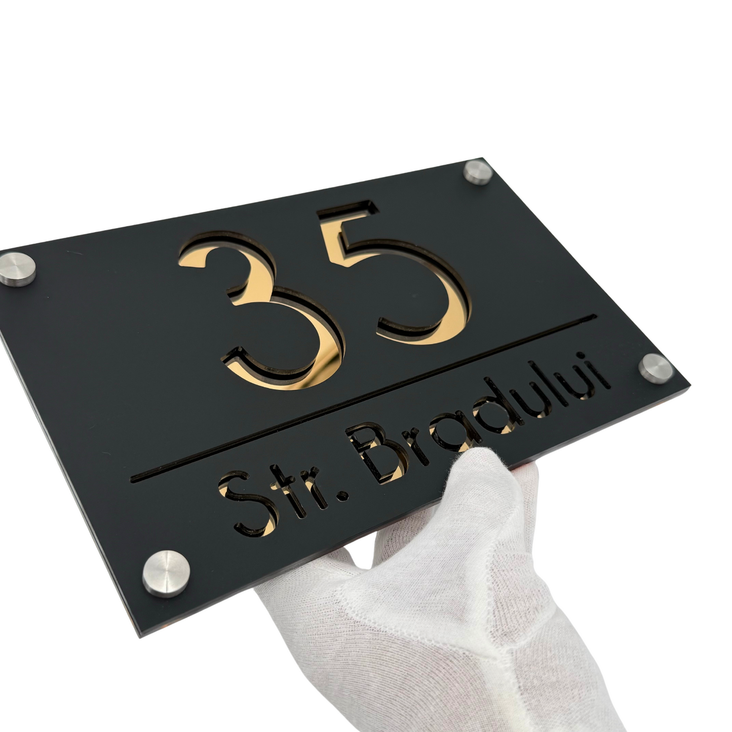 PREMIUM HOUSE NUMBER - Satin Black Gold Mirror 4 Spacers Silver - 24×15 cm