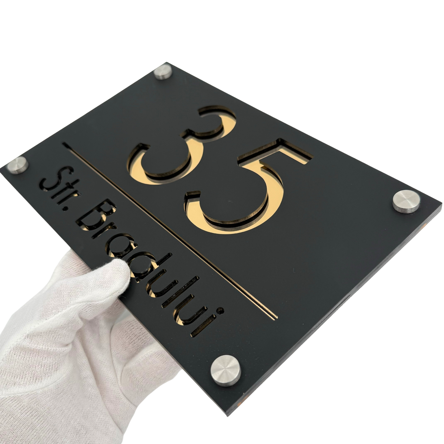 PREMIUM HOUSE NUMBER - Satin Black Gold Mirror 4 Spacers Silver - 24×15 cm