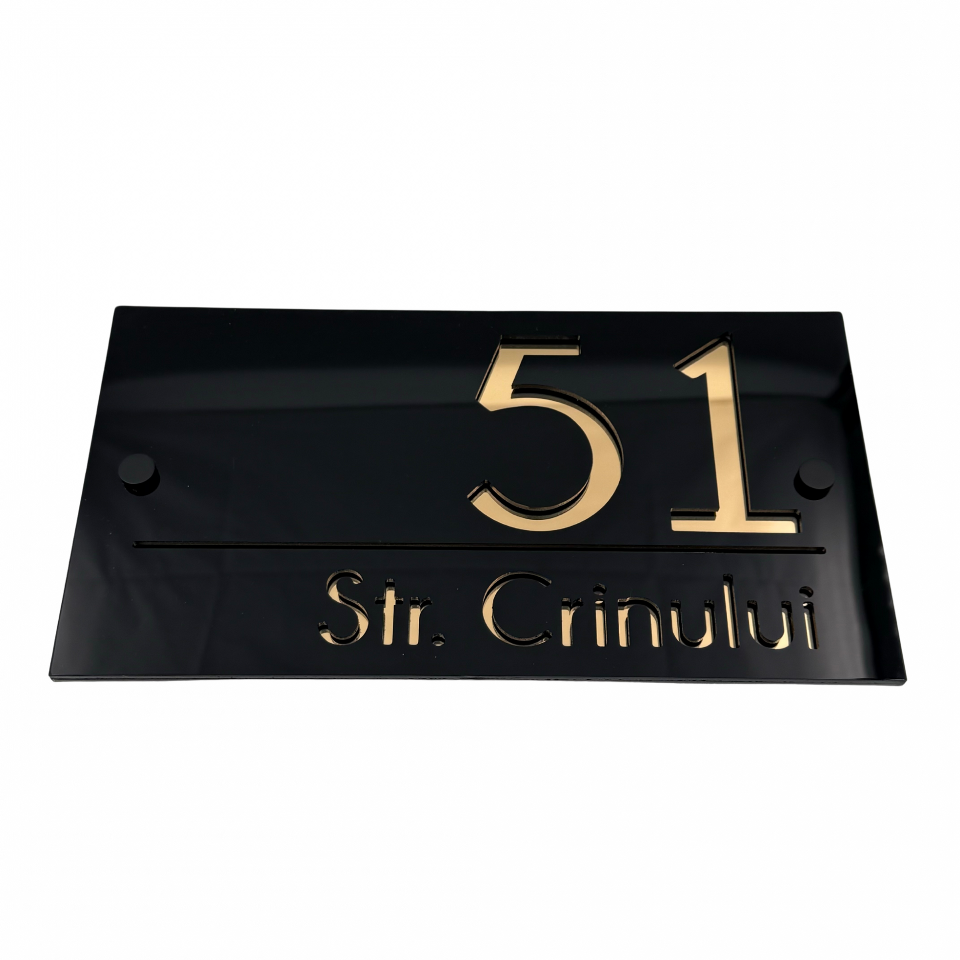 PREMIUM HOUSE NUMBER - Glossy Black Gold Mirror 2 Spacers NeGreyi - 28×15 cm