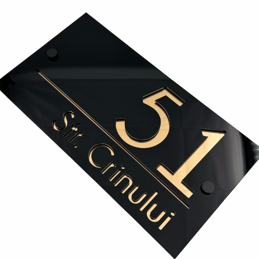 PREMIUM HOUSE NUMBER - Glossy Black Gold Mirror 2 Spacers NeGreyi - 28×15 cm