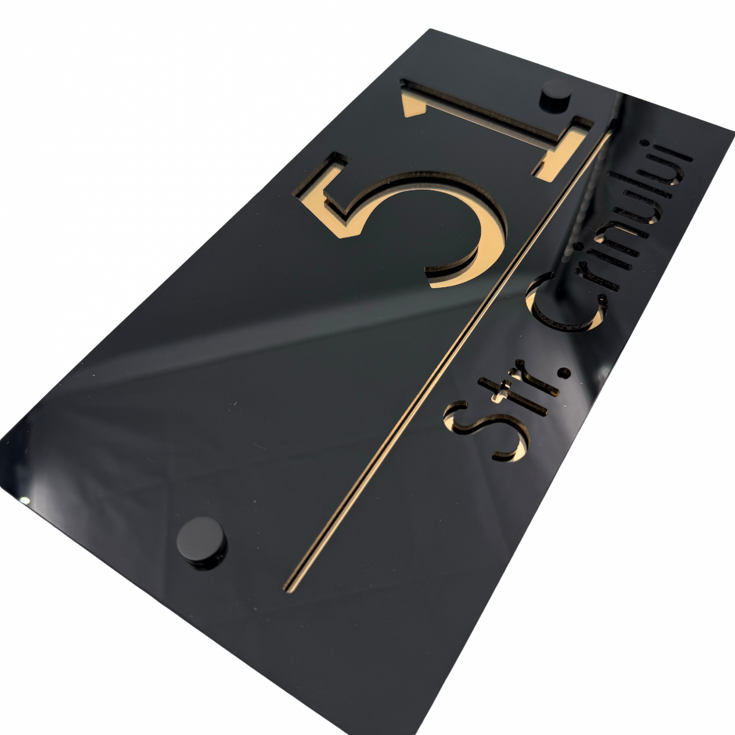 PREMIUM HOUSE NUMBER - Glossy Black Gold Mirror 2 Spacers NeGreyi - 28×15 cm