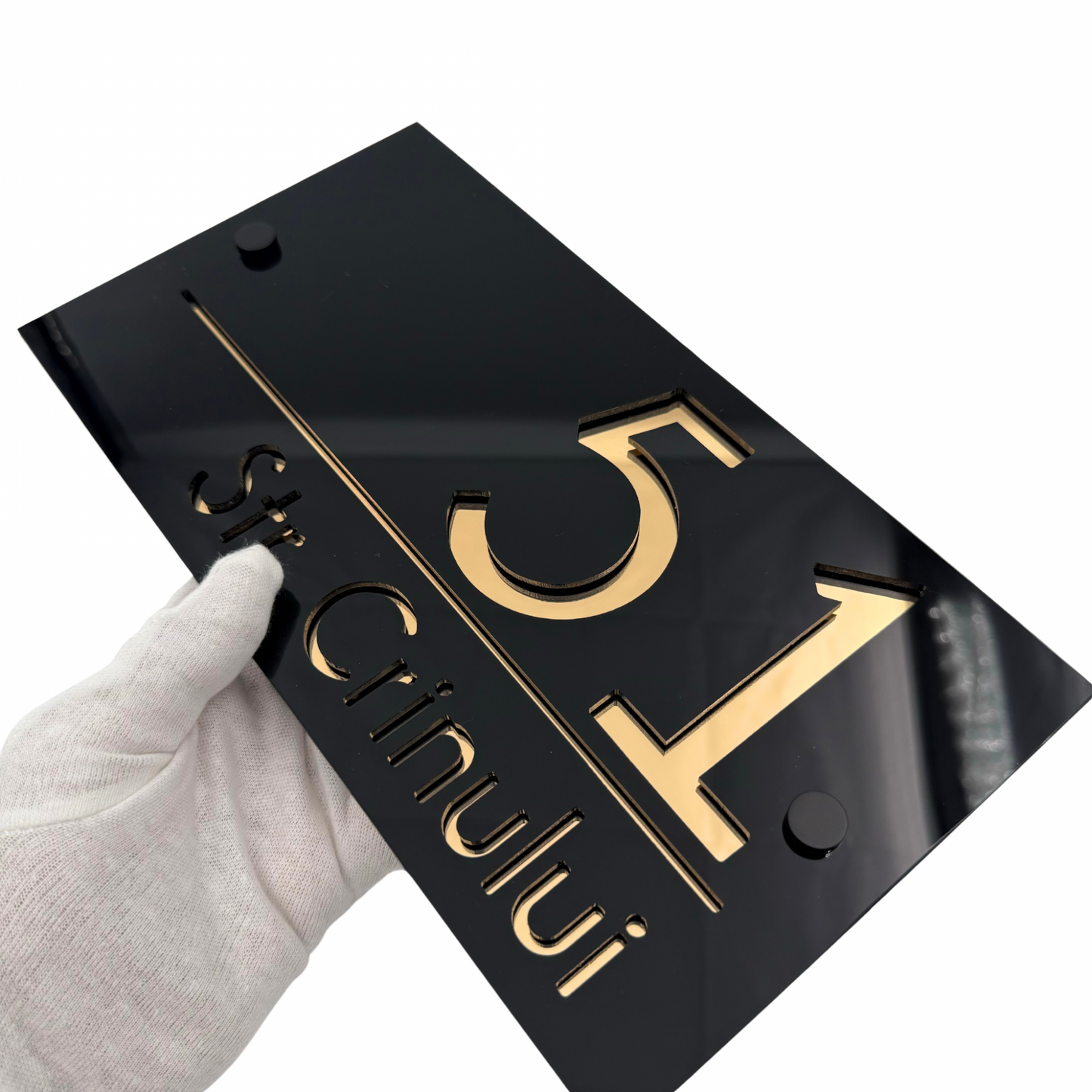 PREMIUM HOUSE NUMBER - Glossy Black Gold Mirror 2 Spacers NeGreyi - 28×15 cm