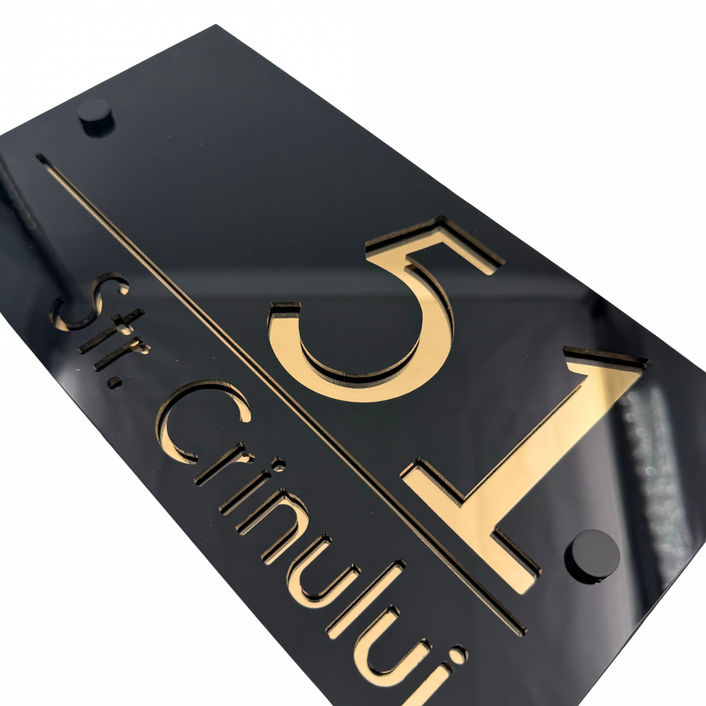 PREMIUM HOUSE NUMBER - Glossy Black Gold Mirror 2 Spacers NeGreyi - 28×15 cm