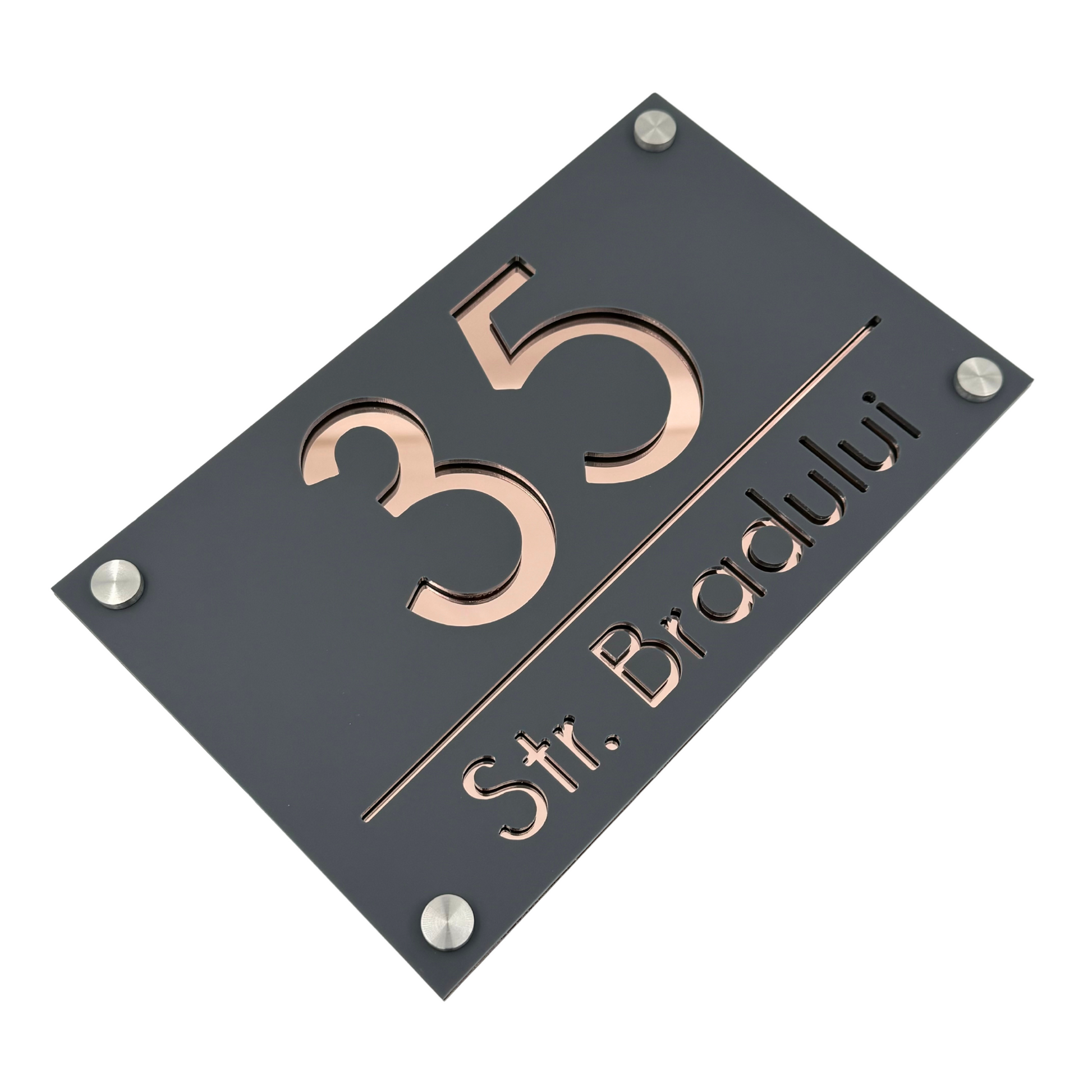 PREMIUM HOUSE NUMBER - Satin Grey Rose Gold Mirror 4 Spacers Silver - 24×15 cm