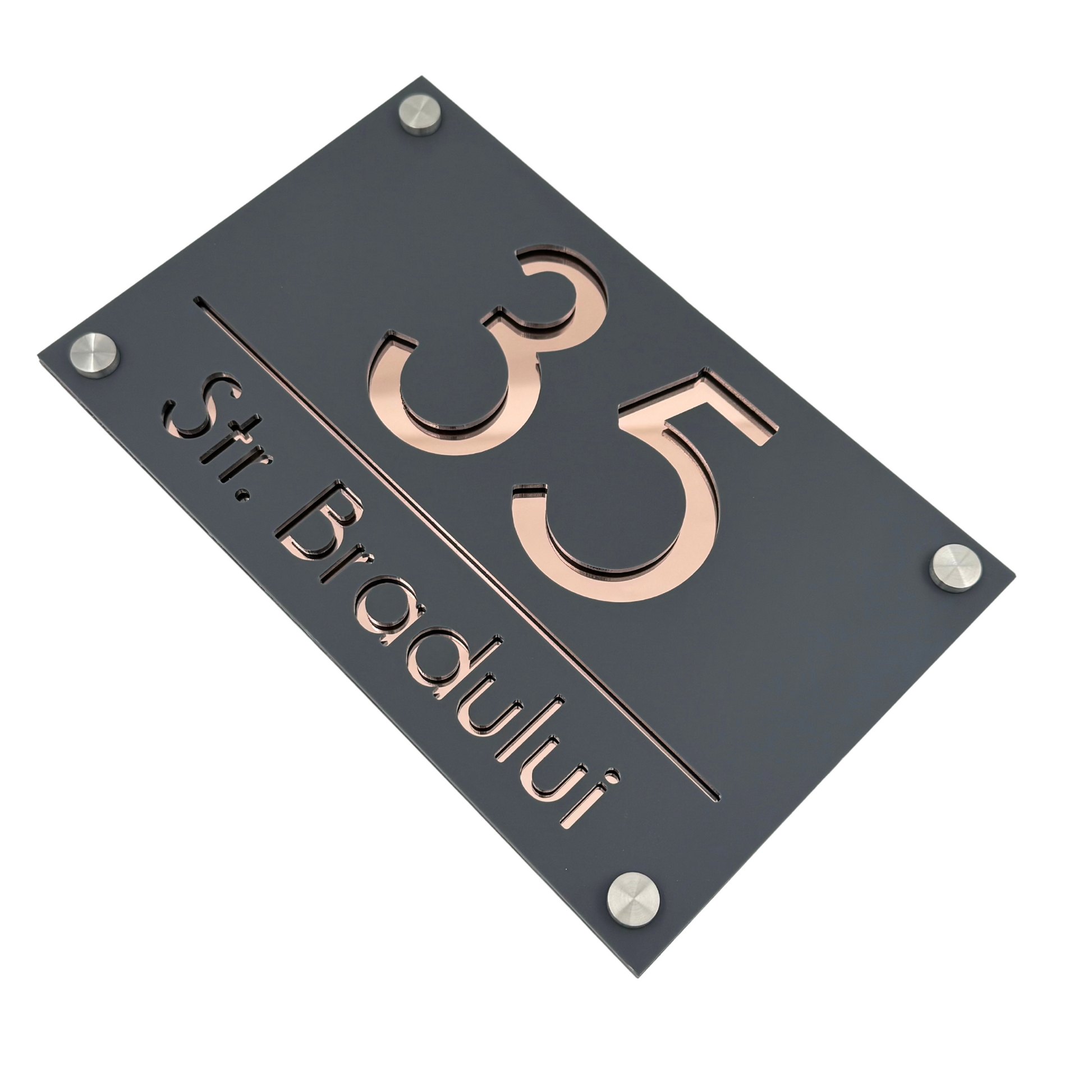 PREMIUM HOUSE NUMBER - Satin Grey Rose Gold Mirror 4 Spacers Silver - 24×15 cm