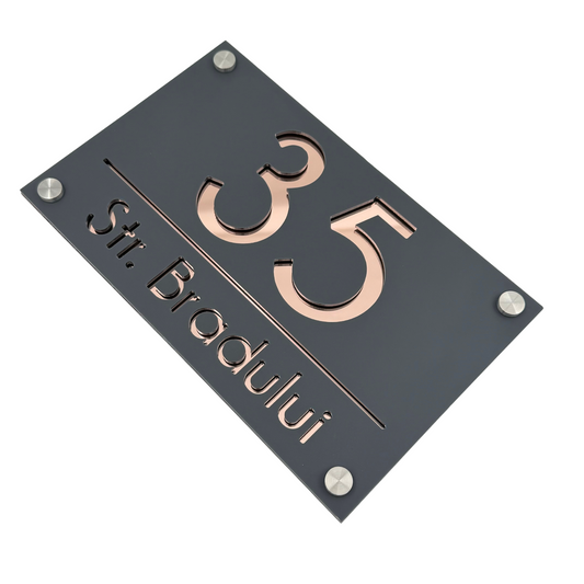 PREMIUM HOUSE NUMBER - Satin Grey Rose Gold Mirror 4 Spacers Silver - 24×15 cm
