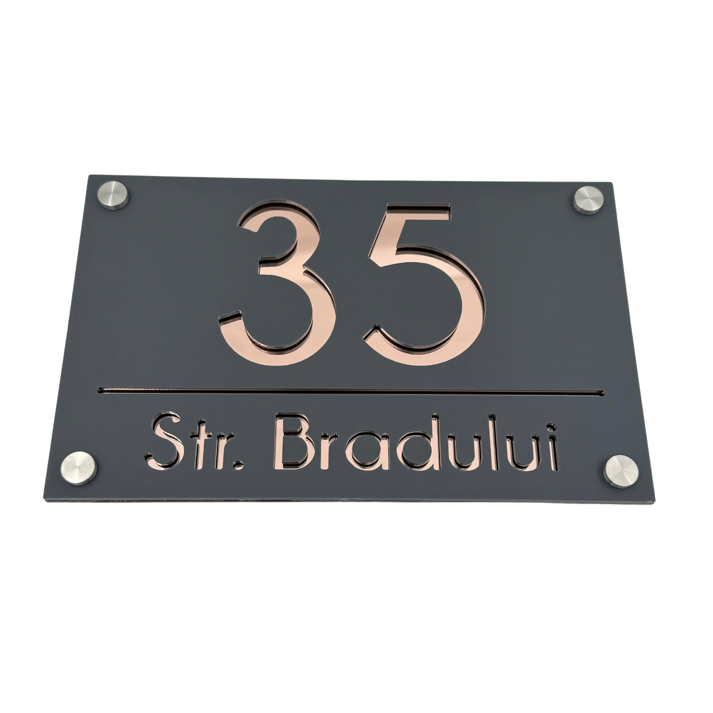 PREMIUM HOUSE NUMBER - Satin Grey Rose Gold Mirror 4 Spacers Silver - 24×15 cm