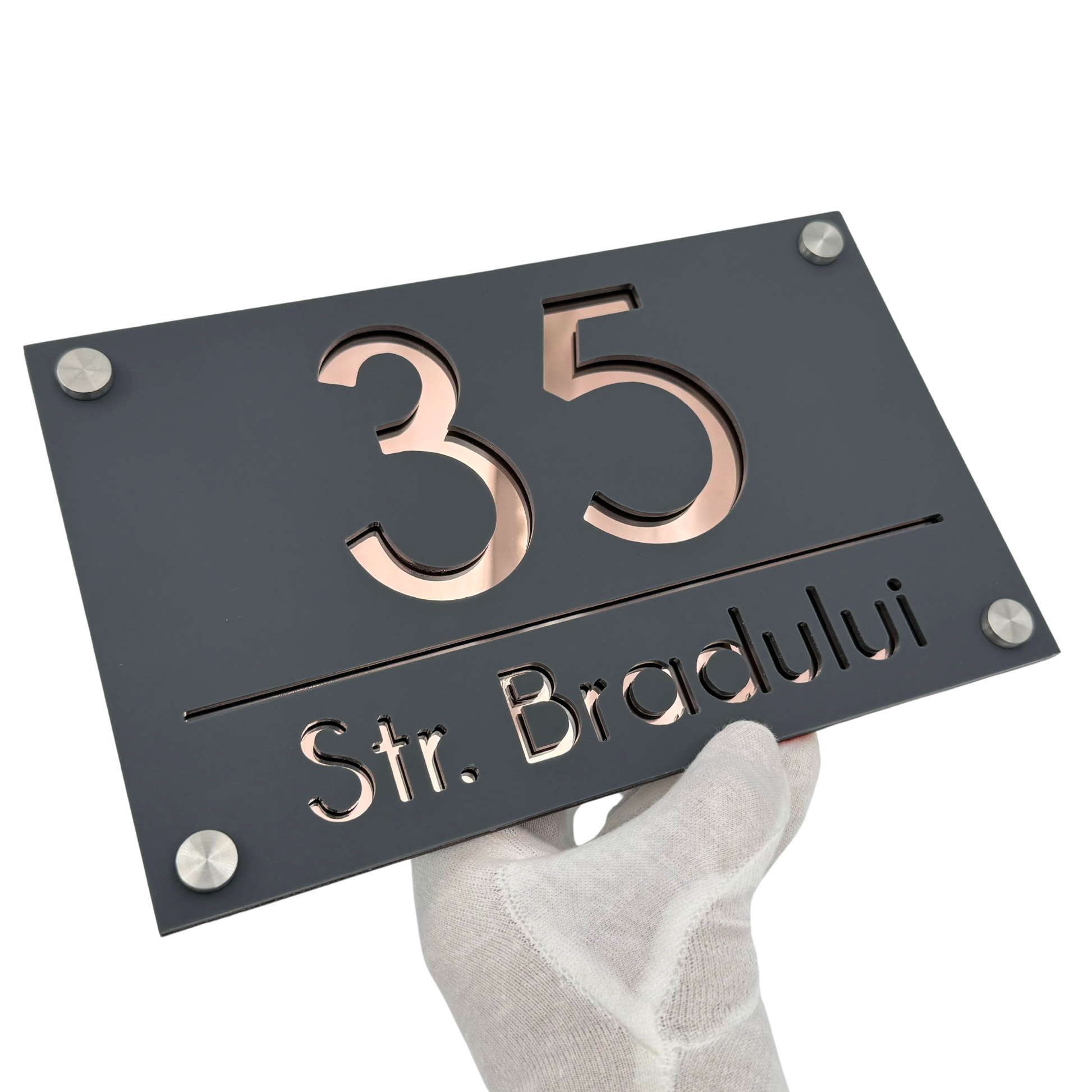 PREMIUM HOUSE NUMBER - Satin Grey Rose Gold Mirror 4 Spacers Silver - 24×15 cm