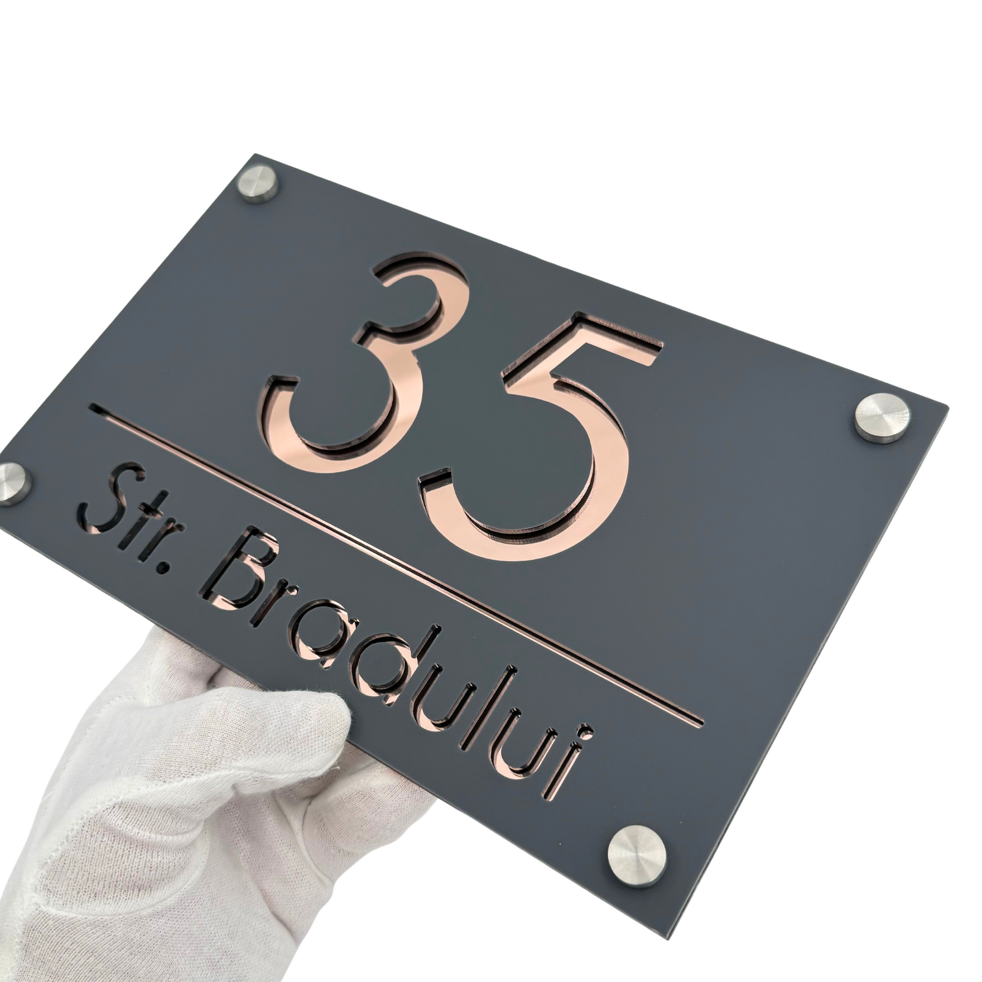 PREMIUM HOUSE NUMBER - Satin Grey Rose Gold Mirror 4 Spacers Silver - 24×15 cm