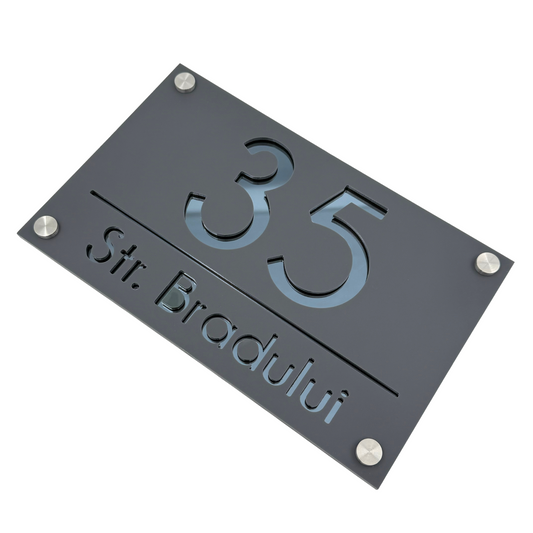 PREMIUM HOUSE NUMBER - Satin Grey Anthracite Grey Mirror 4 Spacers Silver - 24×15 cm