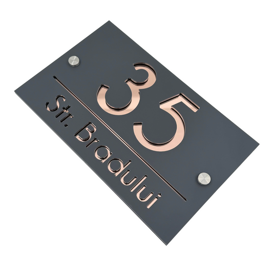 PREMIUM HOUSE NUMBER - Satin Grey Rose Gold Mirror 2 Spacers Silver - 24×15 cm