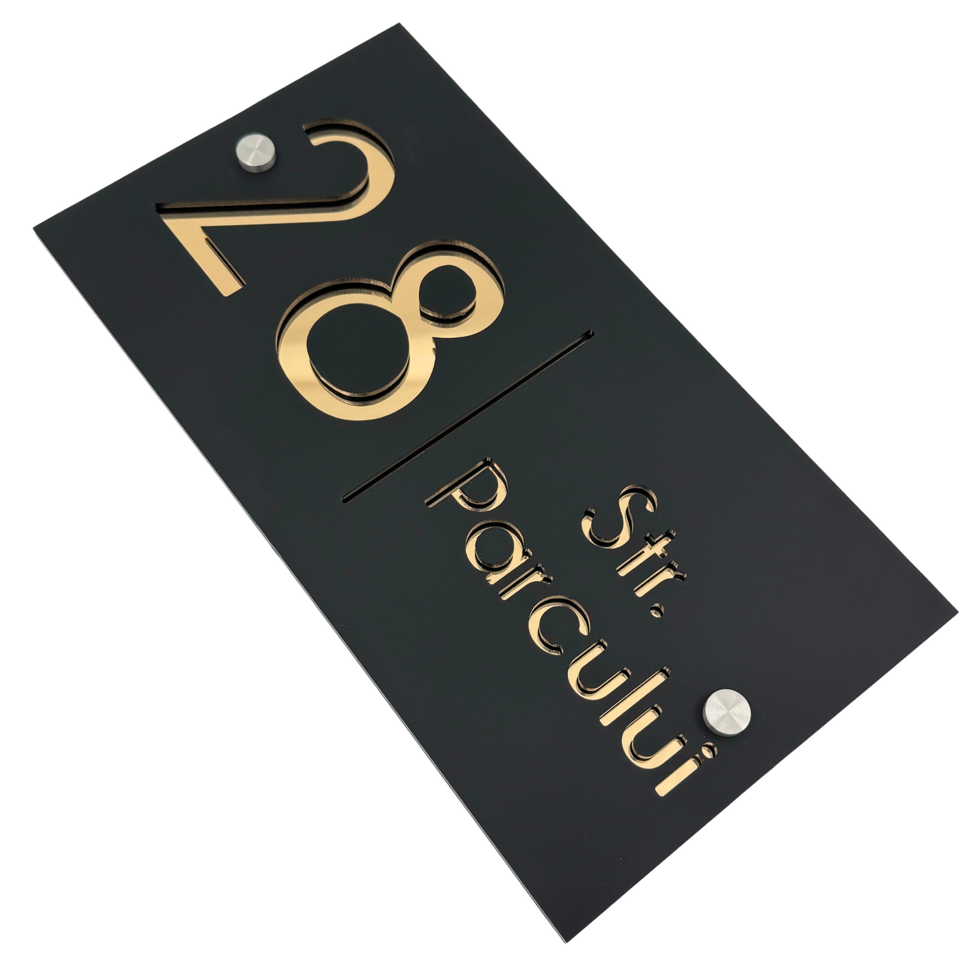 PREMIUM HOUSE NUMBER - Satin Black Gold Mirror 2 Spacers Silver - 28×15 cm