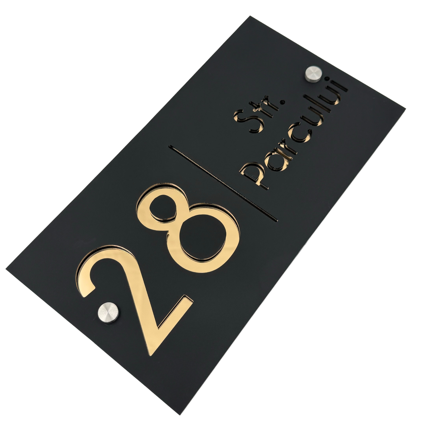 PREMIUM HOUSE NUMBER - Satin Black Gold Mirror 2 Spacers Silver - 28×15 cm