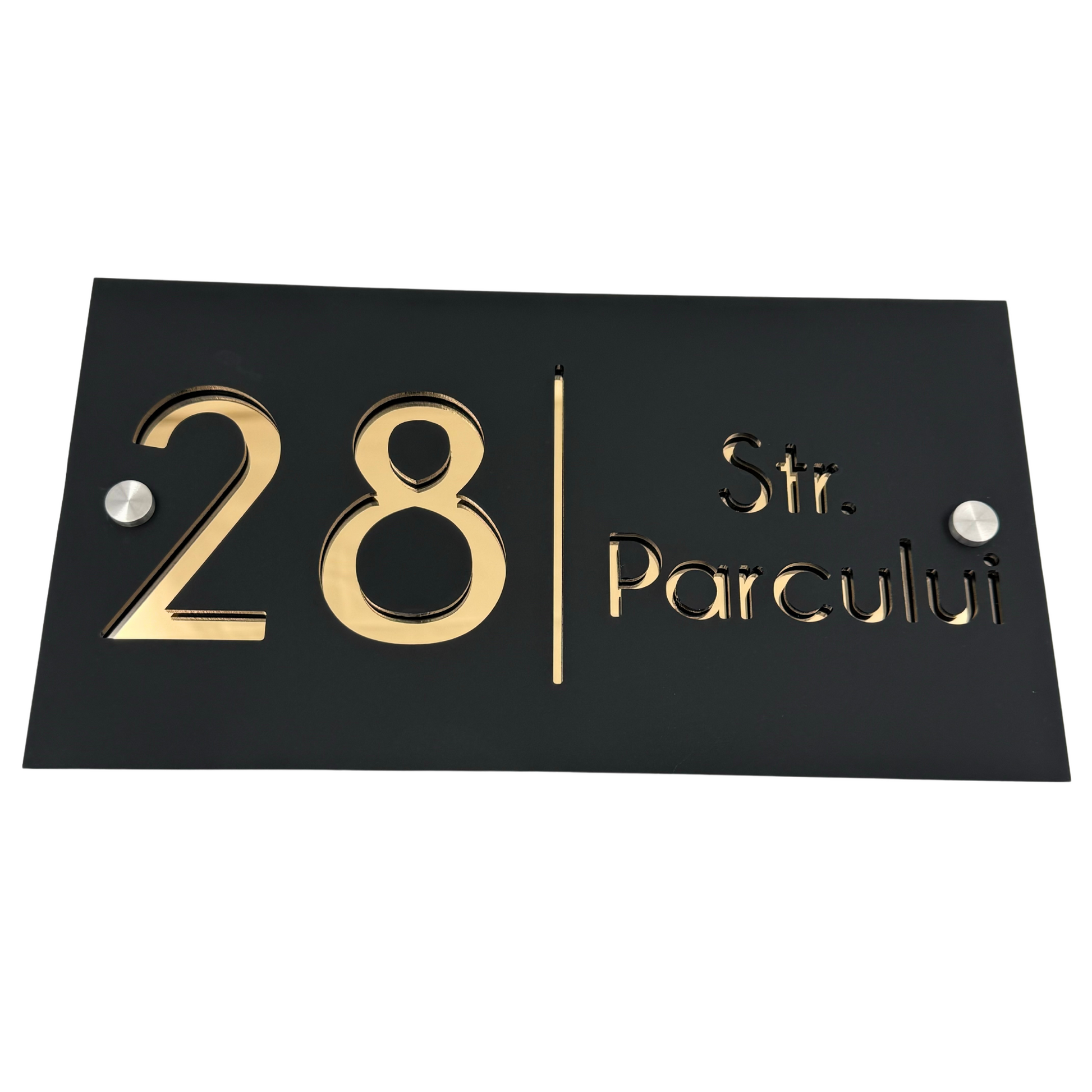 PREMIUM HOUSE NUMBER - Satin Black Gold Mirror 2 Spacers Silver - 28×15 cm