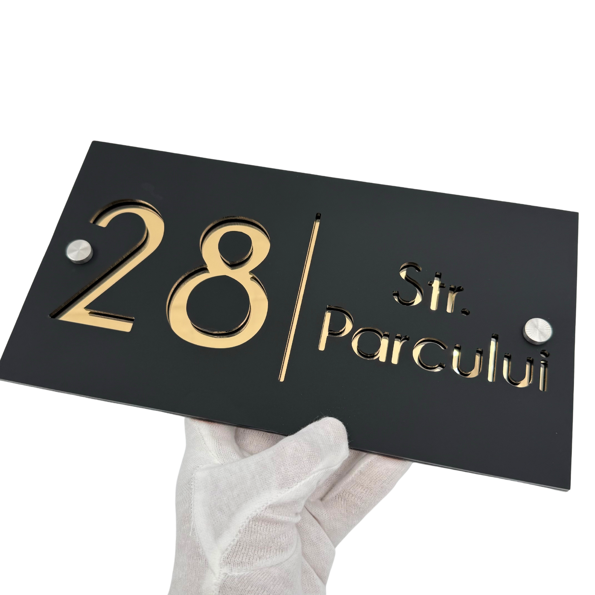 PREMIUM HOUSE NUMBER - Satin Black Gold Mirror 2 Spacers Silver - 28×15 cm