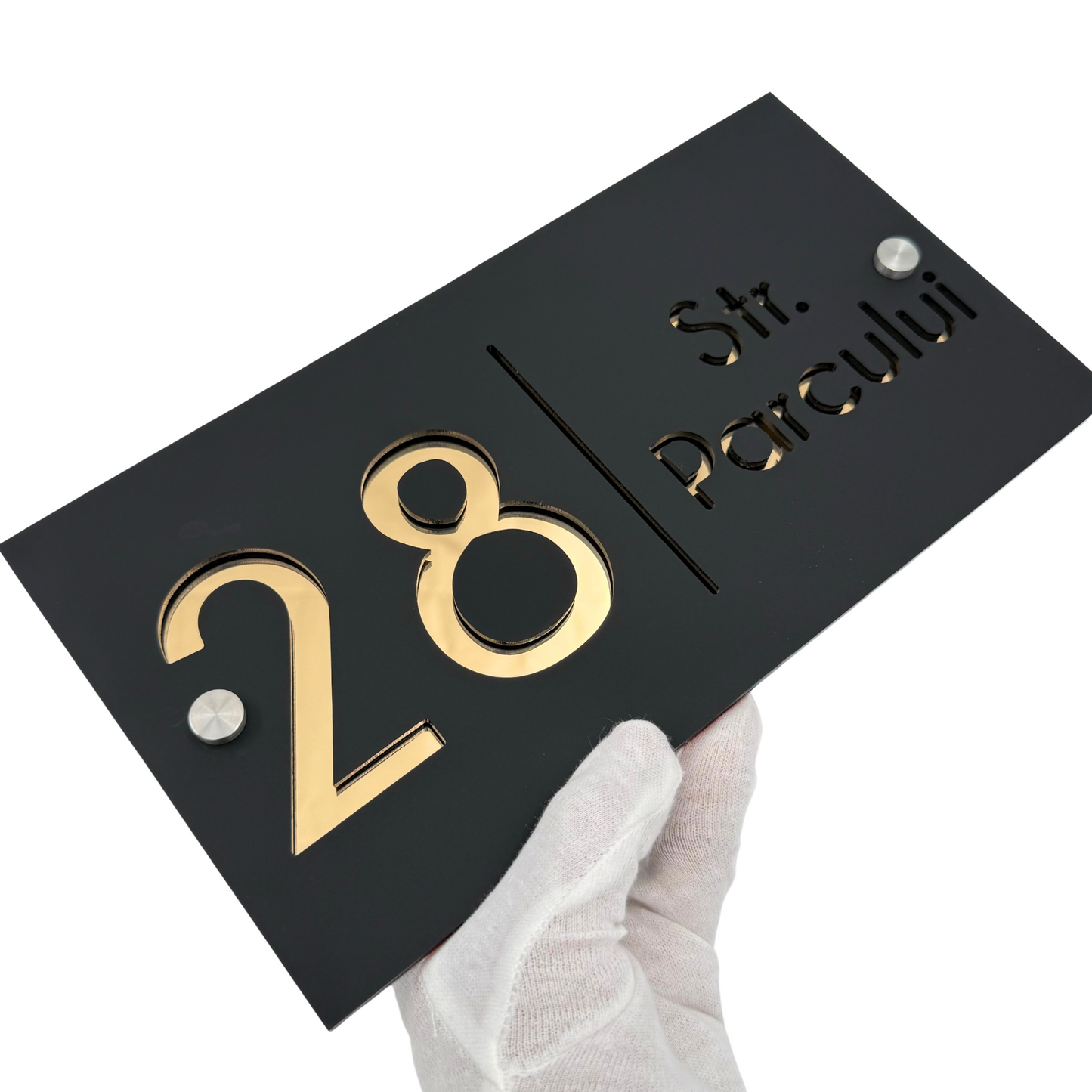 PREMIUM HOUSE NUMBER - Satin Black Gold Mirror 2 Spacers Silver - 28×15 cm