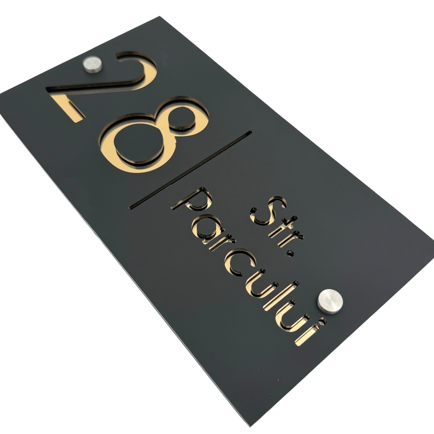 PREMIUM HOUSE NUMBER - Satin Black Gold Mirror 2 Spacers Silver - 28×15 cm