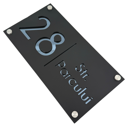 PREMIUM HOUSE NUMBER - Satin Black Anthracite Grey Mirror 4 Spacers Silver - 28×15 cm