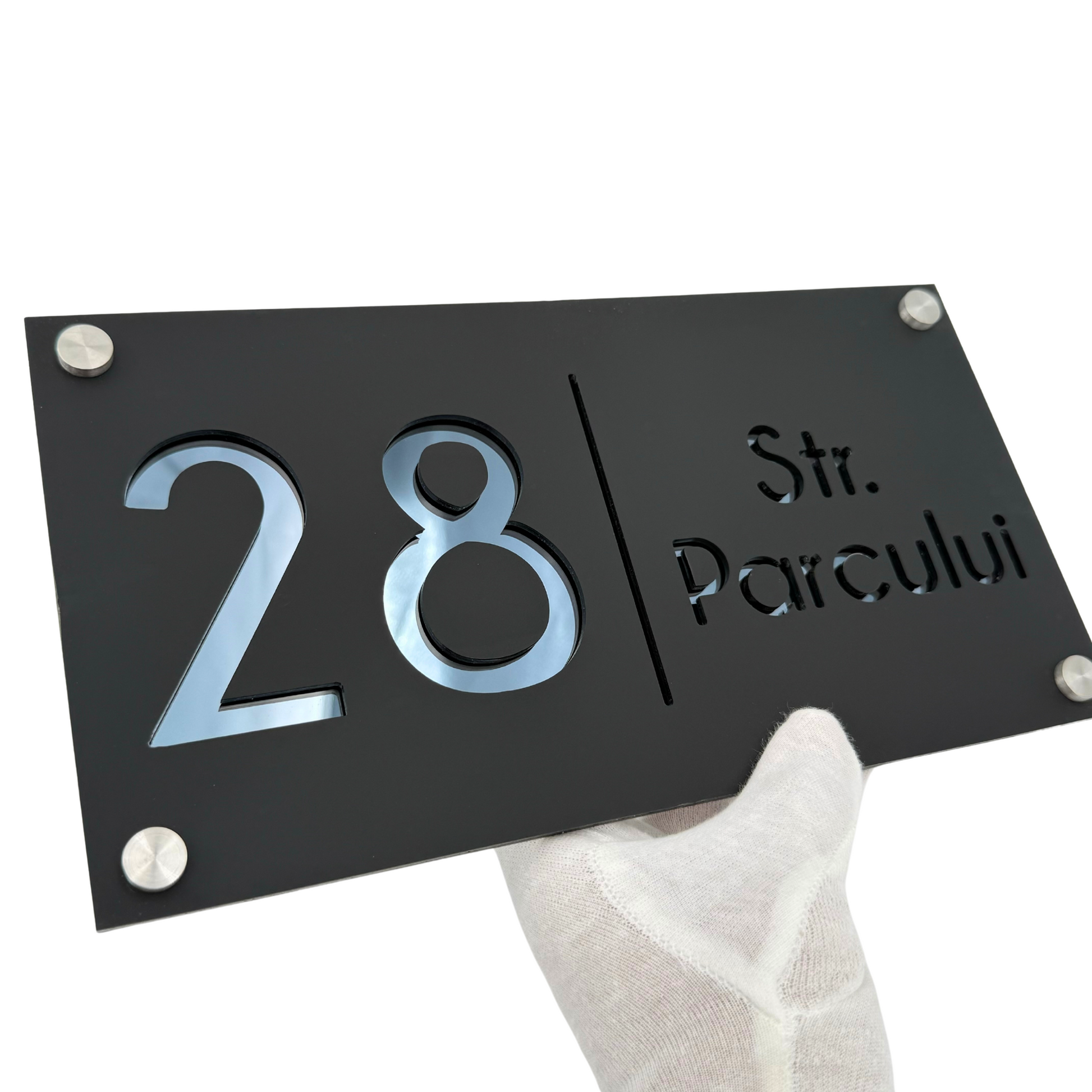PREMIUM HOUSE NUMBER - Satin Black Anthracite Grey Mirror 4 Spacers Silver - 28×15 cm