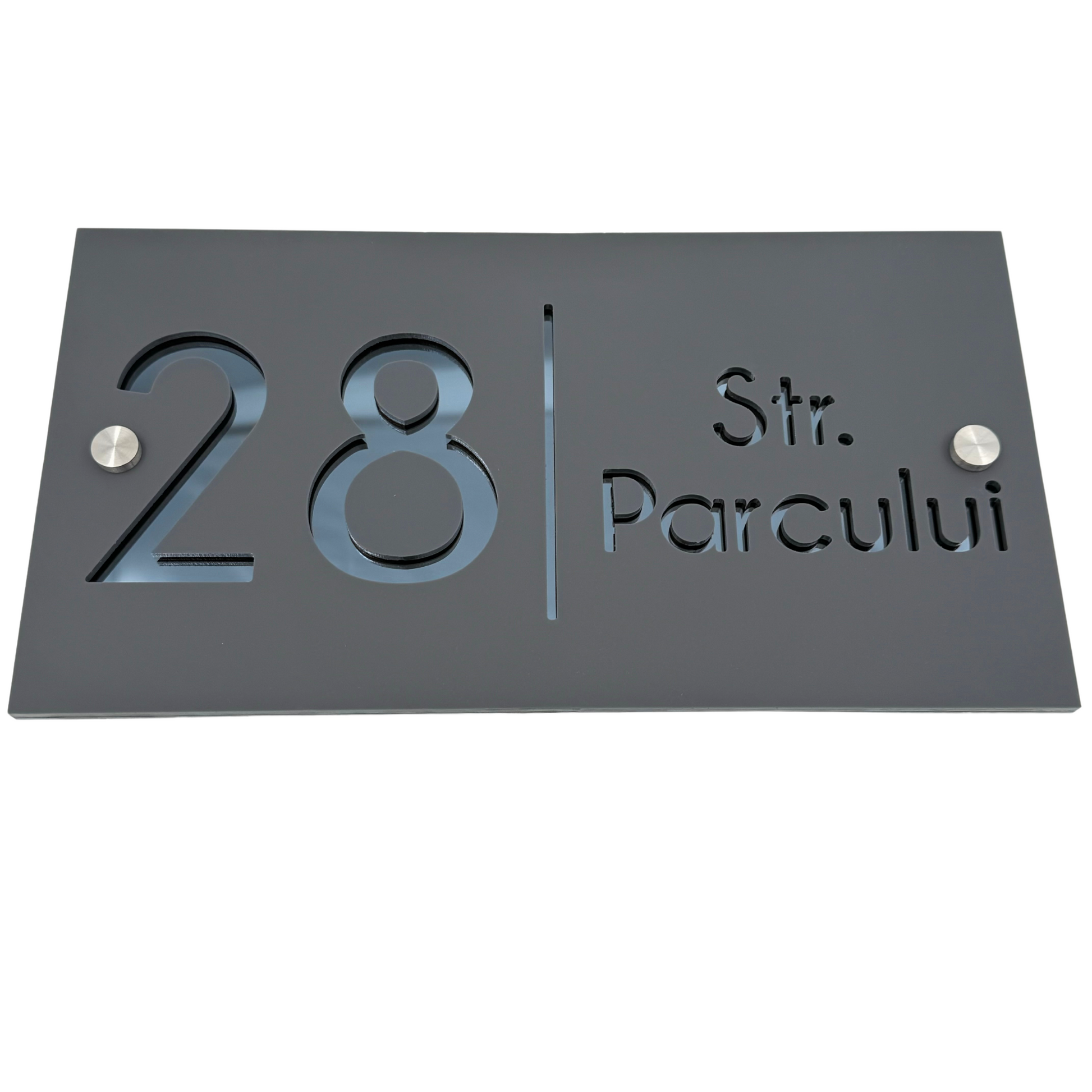 PREMIUM HOUSE NUMBER - Satin Black Anthracite Grey Mirror 2 Spacers Silver - 28×15 cm