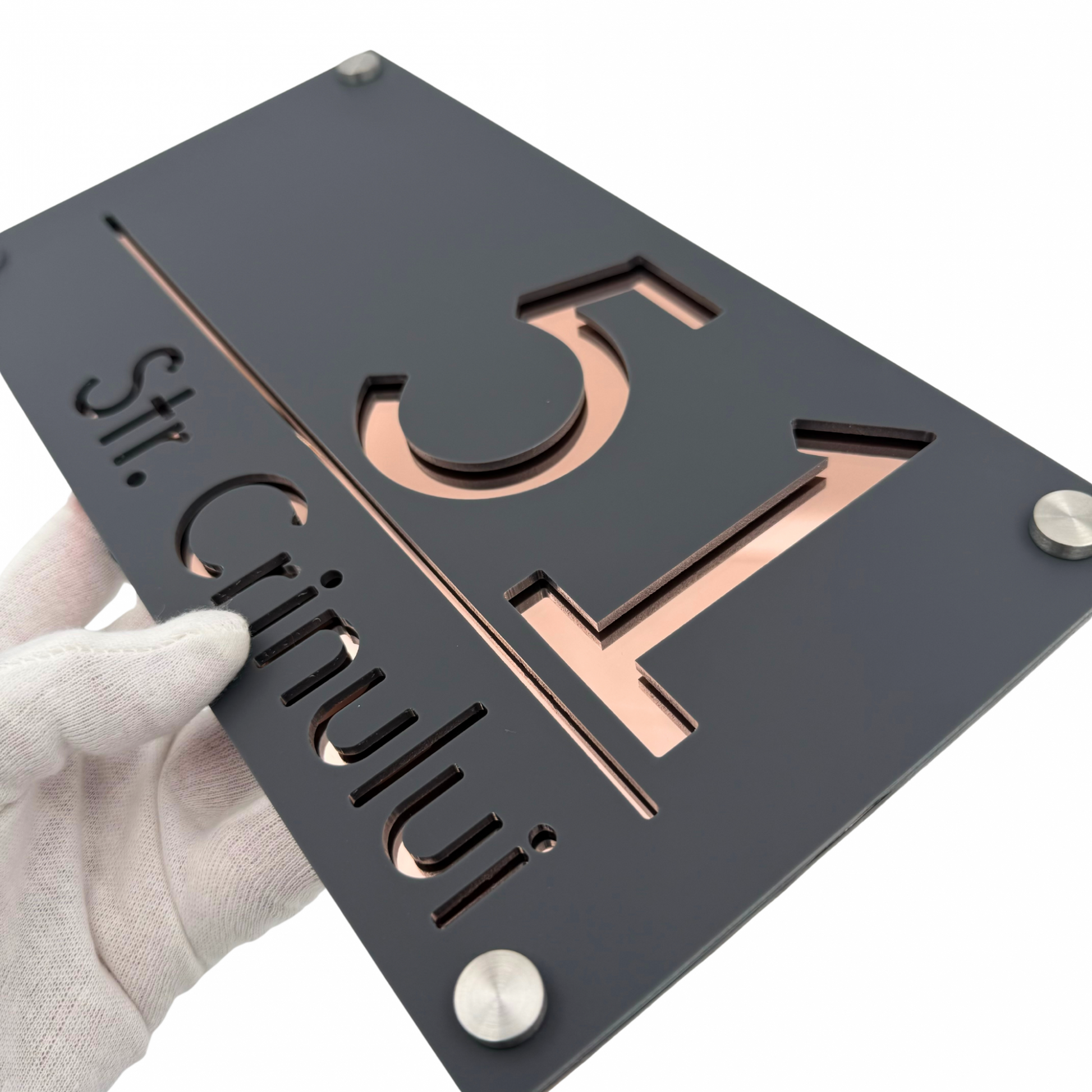PREMIUM HOUSE NUMBER - Satin Grey Mirror Rose Gold 4 Spacers Silver - 28×15 cm