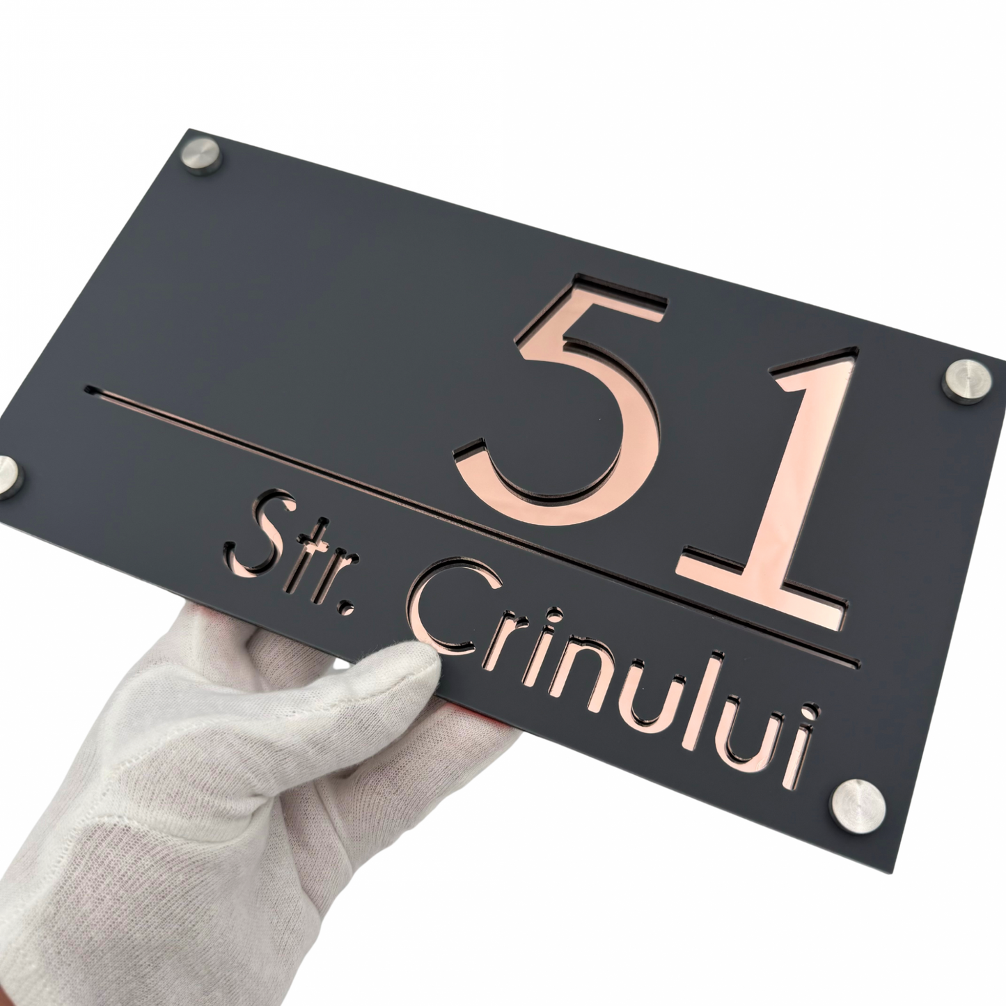PREMIUM HOUSE NUMBER - Satin Grey Mirror Rose Gold 4 Spacers Silver - 28×15 cm
