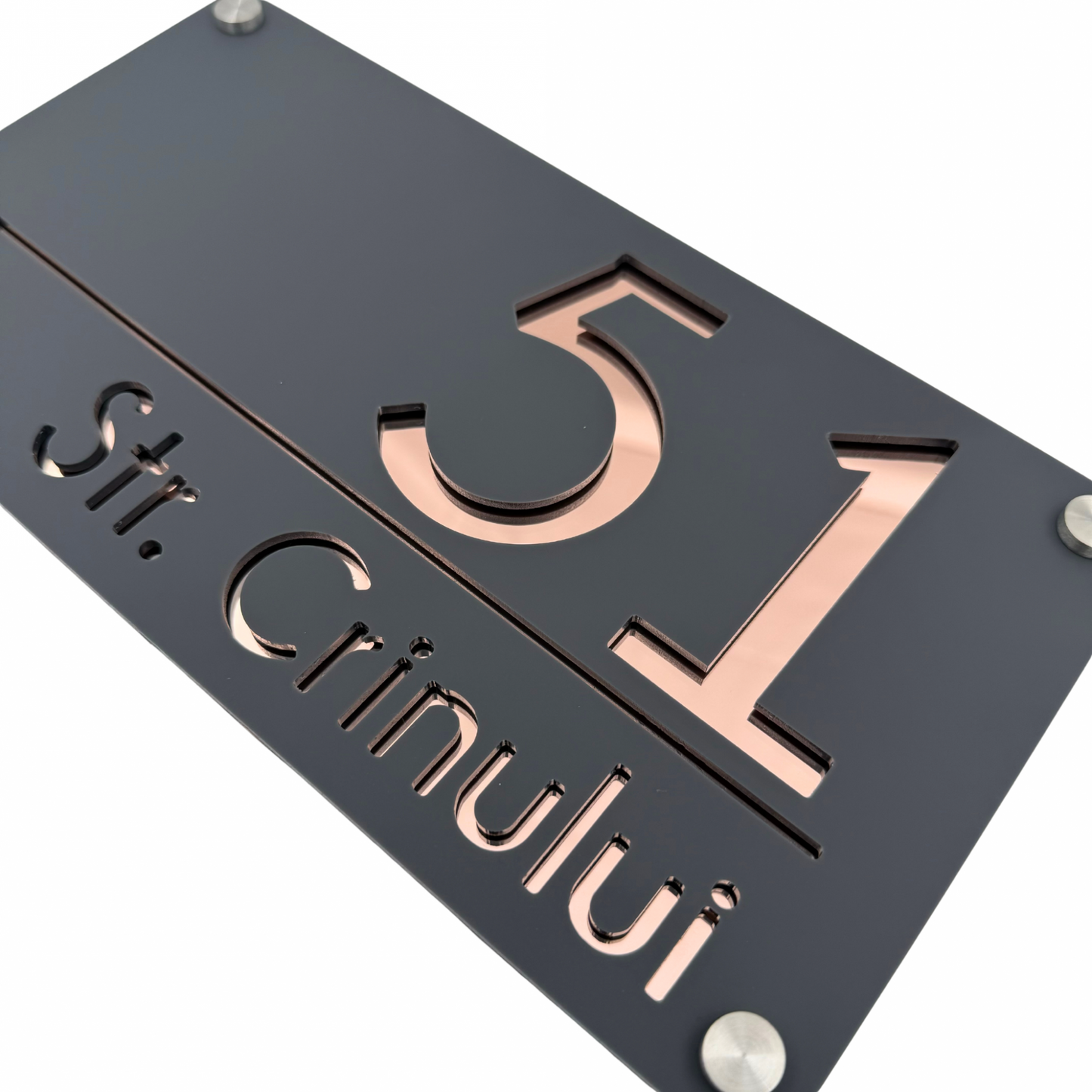 PREMIUM HOUSE NUMBER - Satin Grey Mirror Rose Gold 4 Spacers Silver - 28×15 cm