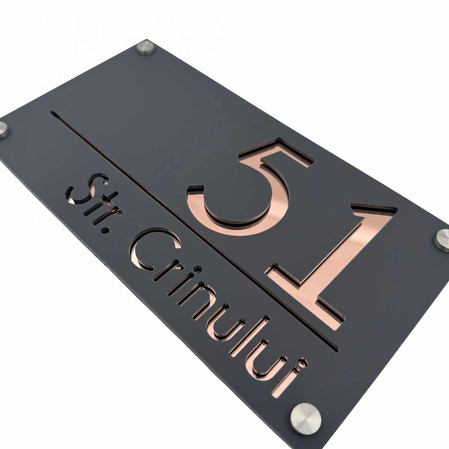 PREMIUM HOUSE NUMBER - Satin Grey Mirror Rose Gold 4 Spacers Silver - 28×15 cm