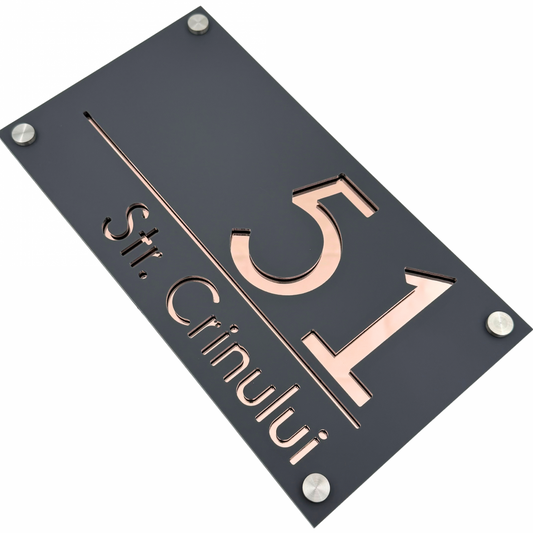 PREMIUM HOUSE NUMBER - Satin Grey Mirror Rose Gold 4 Spacers Silver - 28×15 cm