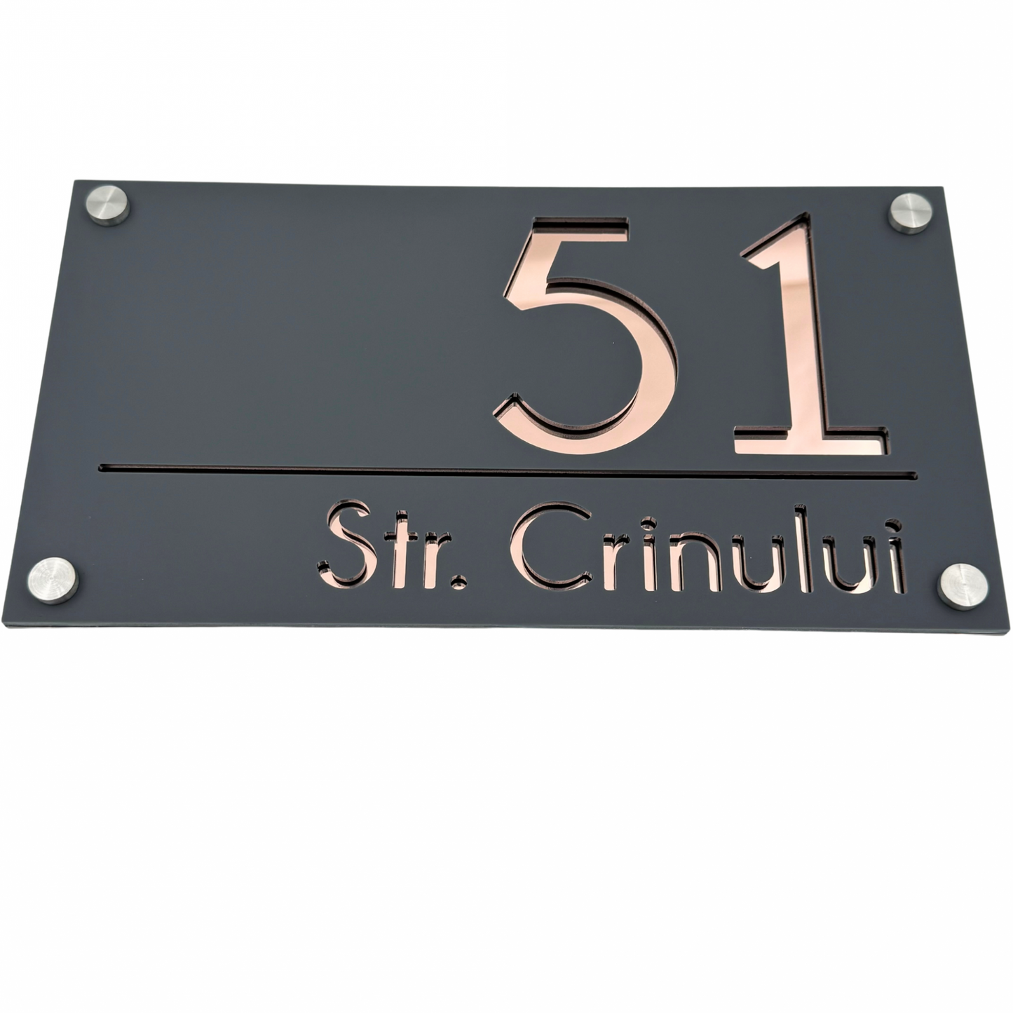 PREMIUM HOUSE NUMBER - Satin Grey Mirror Rose Gold 4 Spacers Silver - 28×15 cm