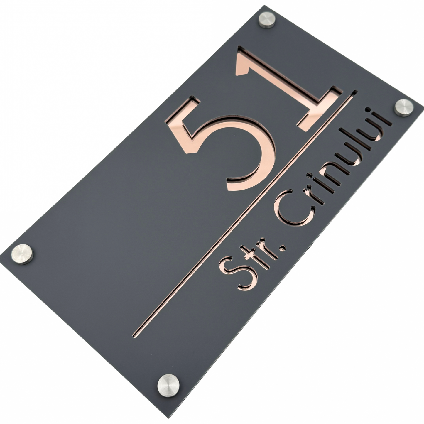 PREMIUM HOUSE NUMBER - Satin Grey Mirror Rose Gold 4 Spacers Silver - 28×15 cm