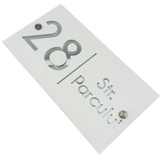 PREMIUM HOUSE NUMBER - White Satin Silver Mirror 2 Spacers Silver - 28×15 cm