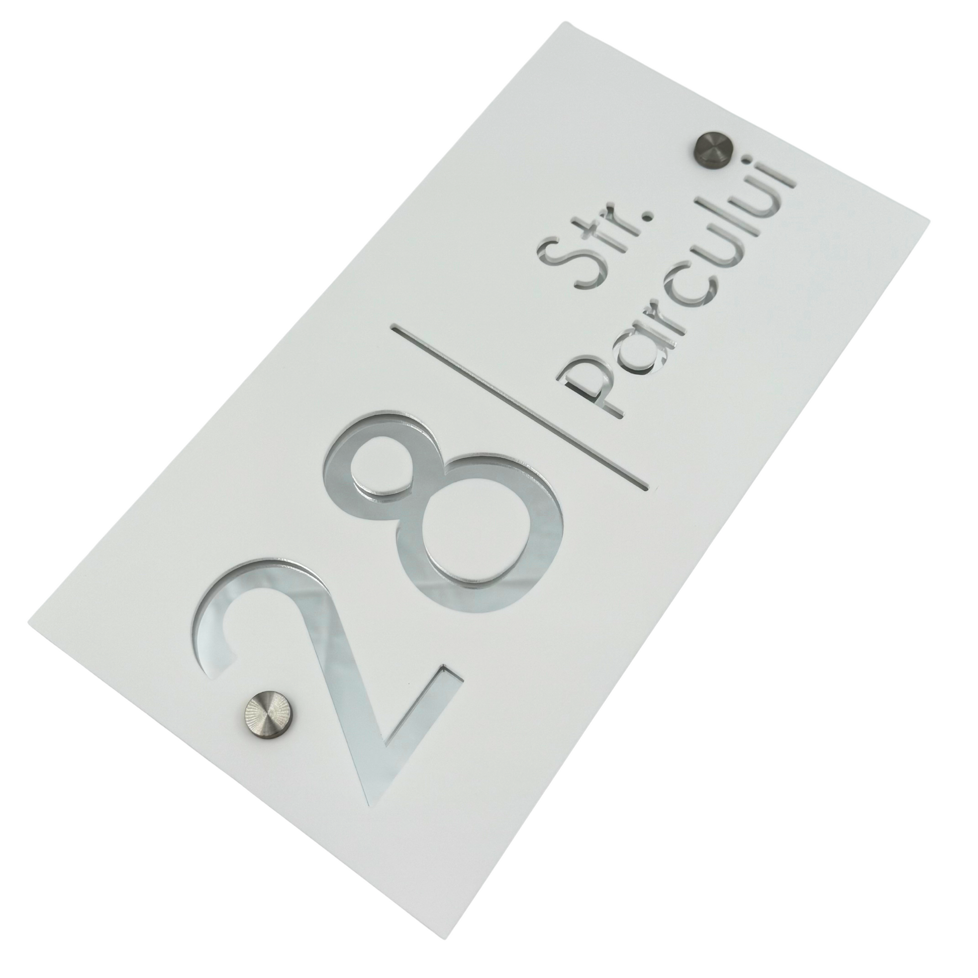 PREMIUM HOUSE NUMBER - White Satin Silver Mirror 2 Spacers Silver - 28×15 cm