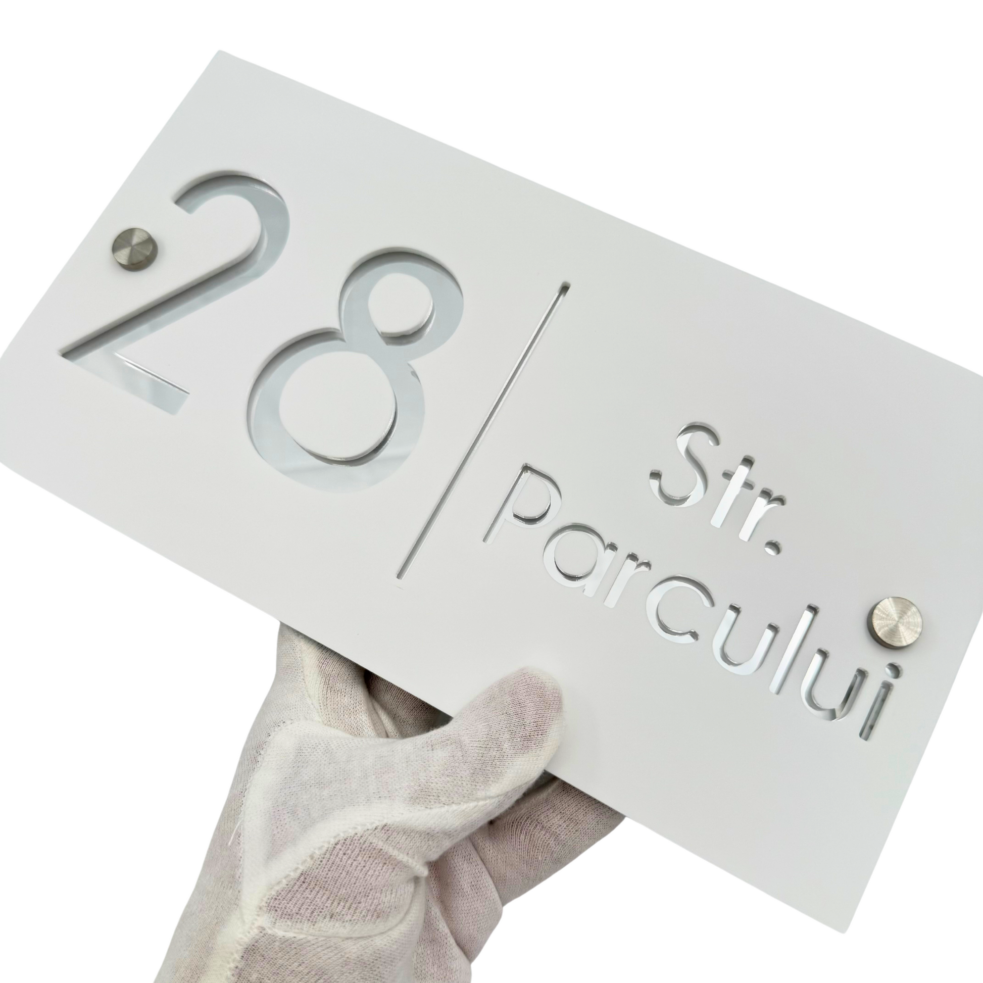 PREMIUM HOUSE NUMBER - White Satin Silver Mirror 2 Spacers Silver - 28×15 cm