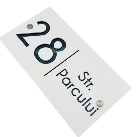PREMIUM HOUSE NUMBER - White Satin Anthracite Grey Mirror - 28×15 cm