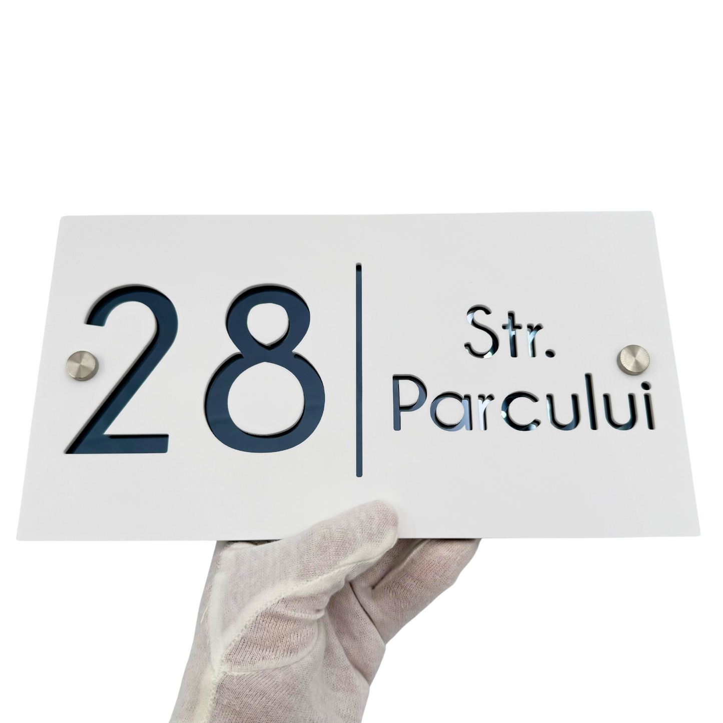 PREMIUM HOUSE NUMBER - White Satin Anthracite Grey Mirror - 28×15 cm