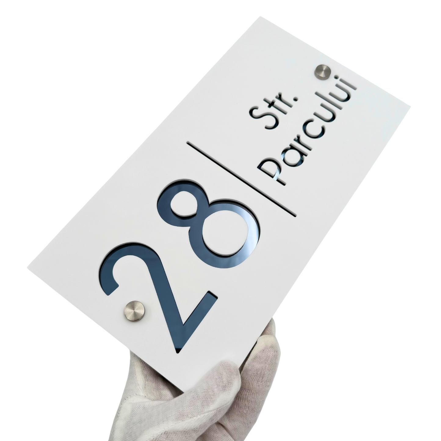 PREMIUM HOUSE NUMBER - White Satin Anthracite Grey Mirror - 28×15 cm