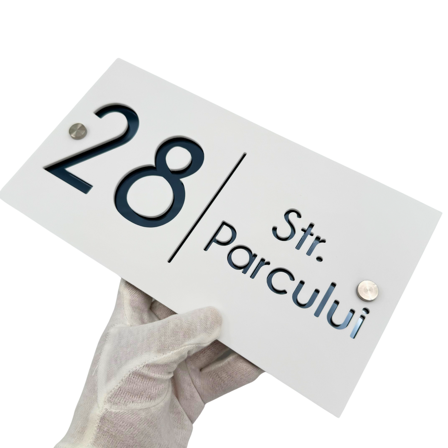 PREMIUM HOUSE NUMBER - White Satin Anthracite Grey Mirror - 28×15 cm